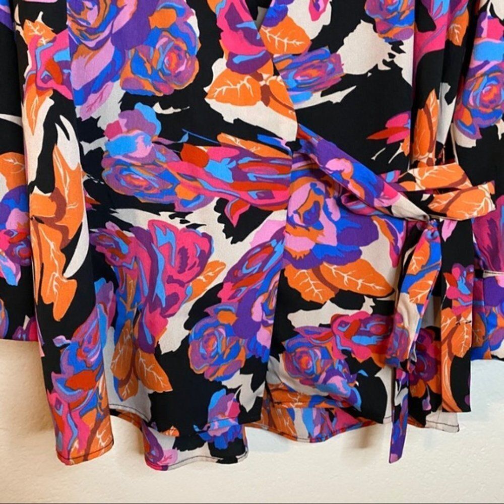Topshop Black Bold Floral True Wrap Tie Blouse Long Sleeve Womens 6 - Picture 4 of 4